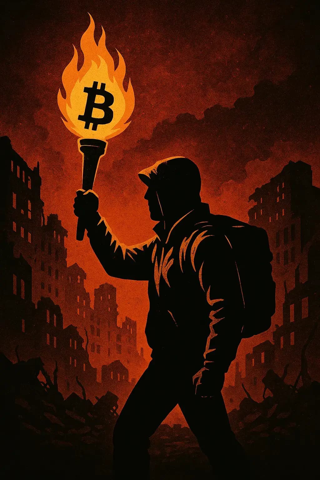 Illustration of a person carrying a flaming Bitcoin torch